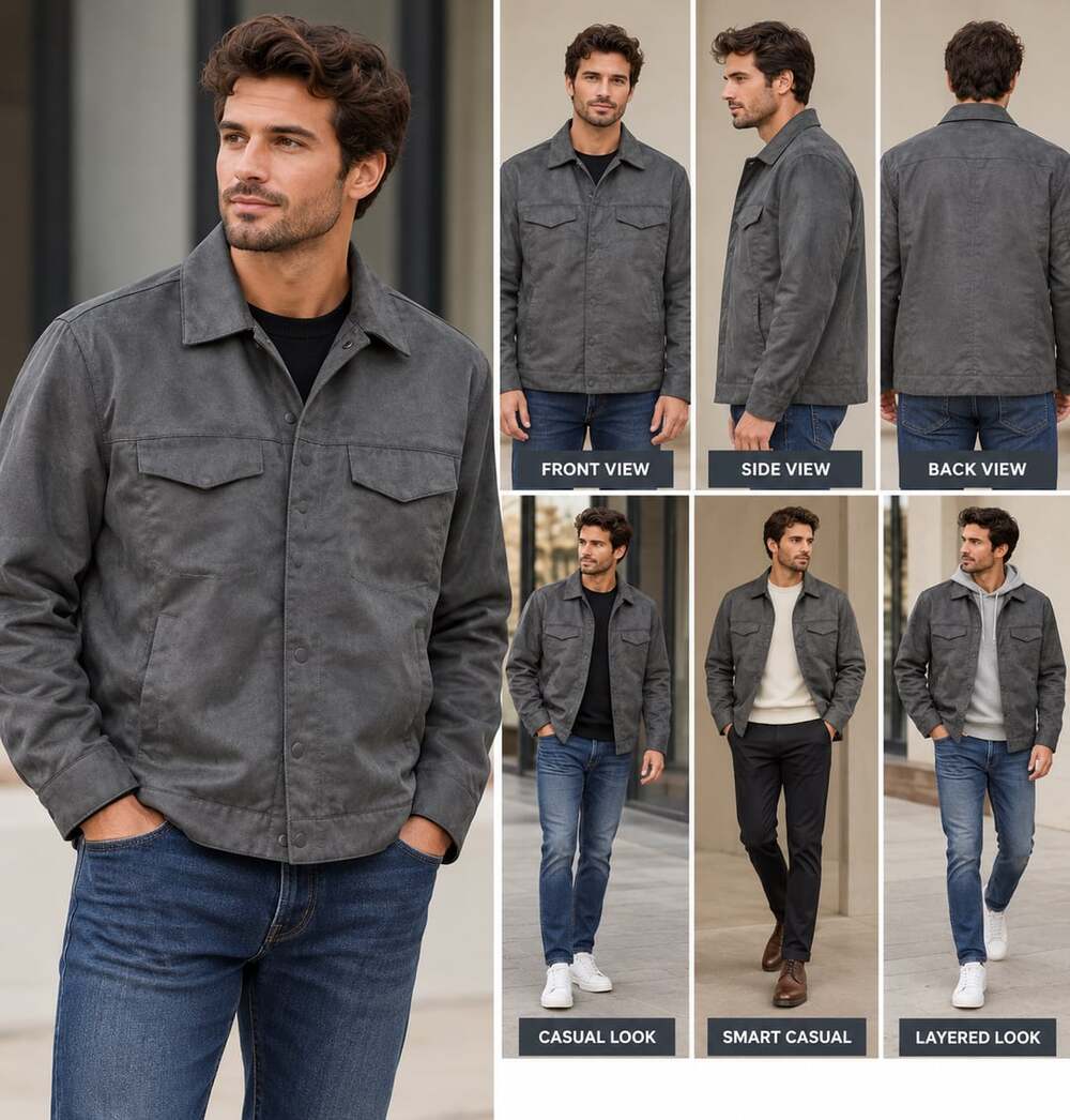 Tricots St Raphael Faux Suede Jacket Size M Gray Snap Front